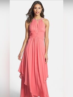 Eliza J Pink/coral Jeweled Chiffon High Low Maxi Gown Dress Size 8 Formal
